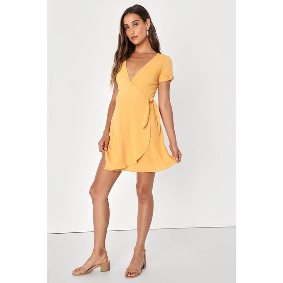 Lulus My Philosophy Wrap Dress Small Golden Yellow Tie Sleeve Casual Mini - Picture 1 of 11